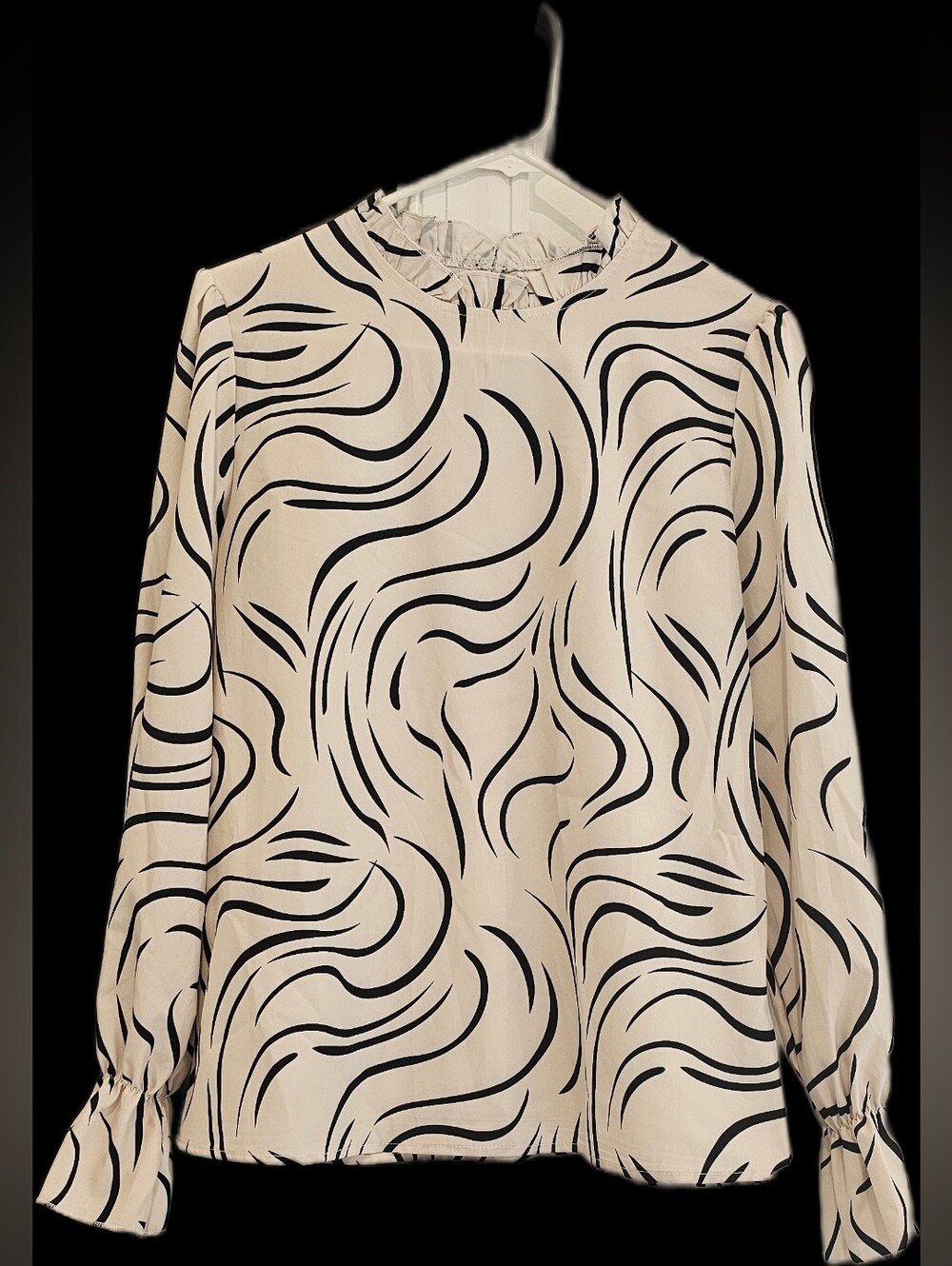 Cream Abstract-Print Long Sleeve Blouse